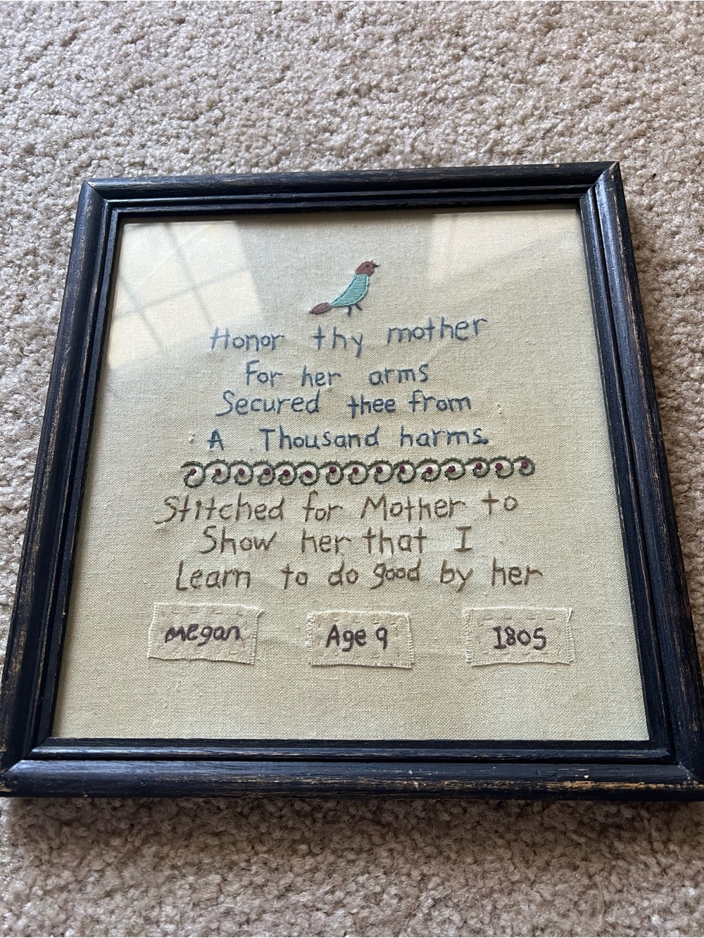 Hand-Embroidered Sentiment Wall Art - Bird Motif in Teal and Brown
